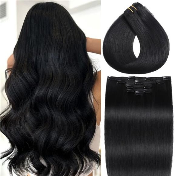 Clip in Hair Extensions Real Human Hair Jet Black Hair Extensions Clip ins Remy - Picture 1 of 7